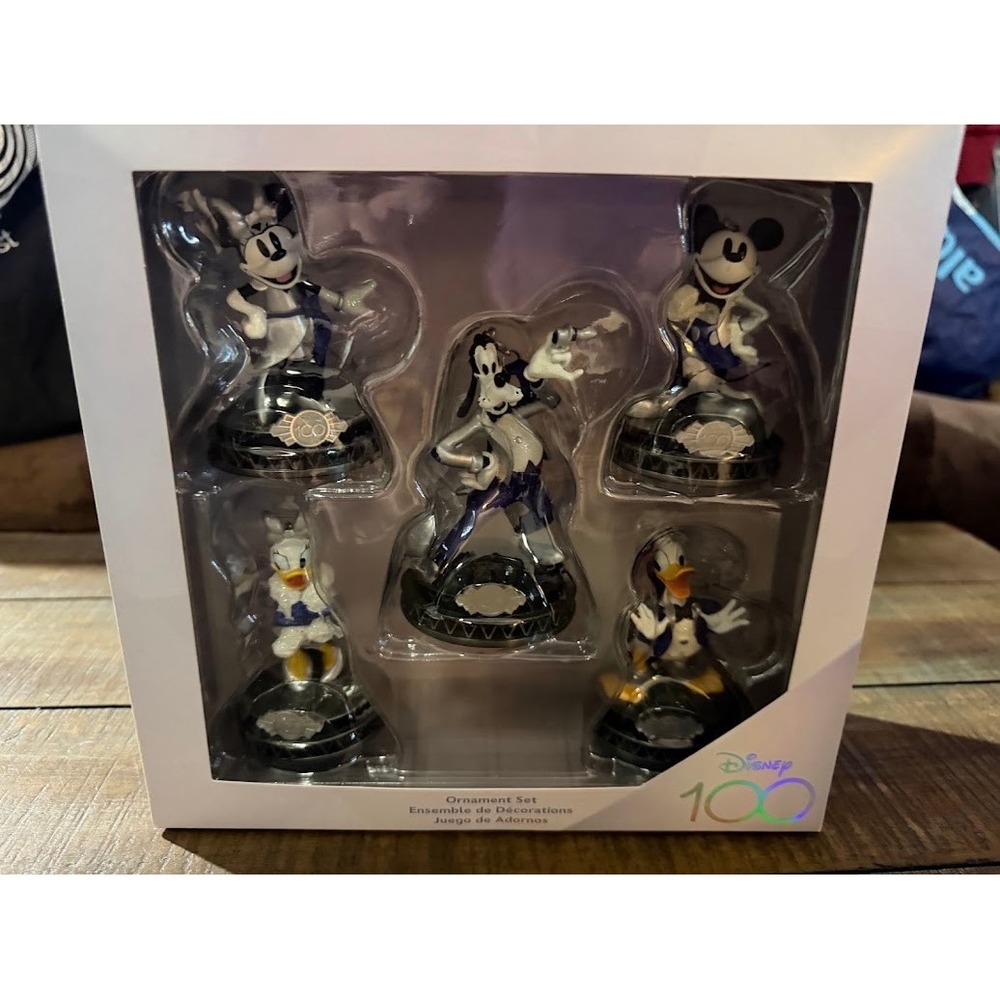 Disney 100 Anniversary Ornament Set Mickey Minnie Donald Daisy Goofy Platinum